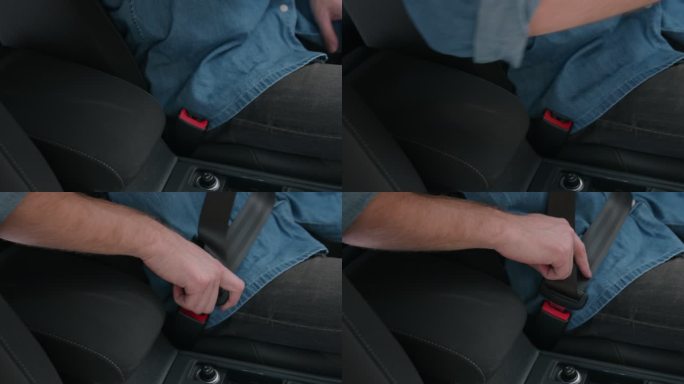 汽车驾驶员将安全带插入安全带固定器以节省驾驶时间