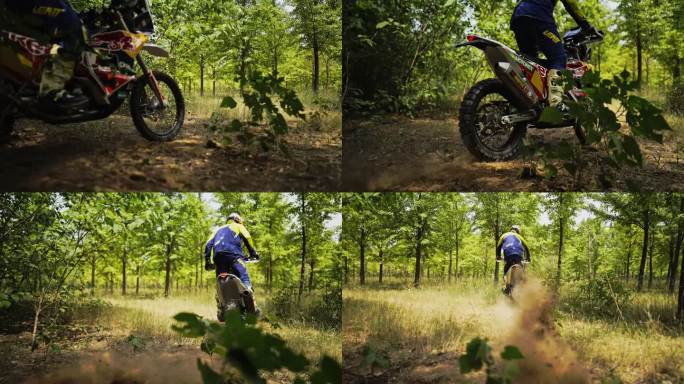KTM越野摩托车低角度林间扬尘4K素材