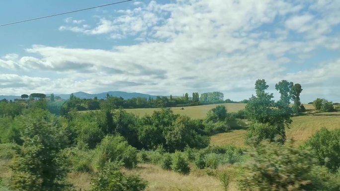 火车穿越田野油画版的天空和树林