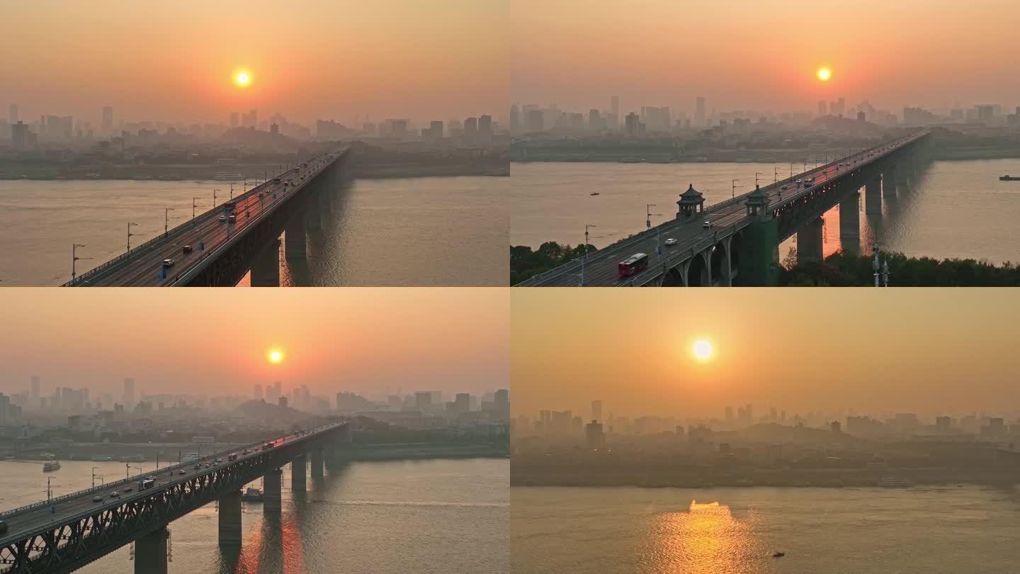 4K中国武汉长江大桥与黄鹤楼清晨日出风光
