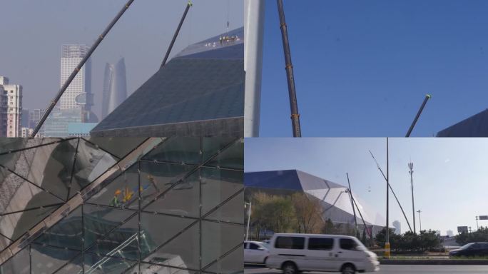 沈阳大剧院更换玻璃幕顶清洗玻璃大钻石商场