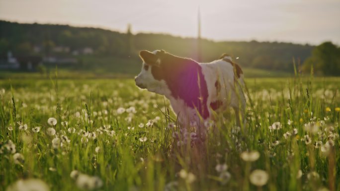 日落时分，小牛犊在草地上吃草