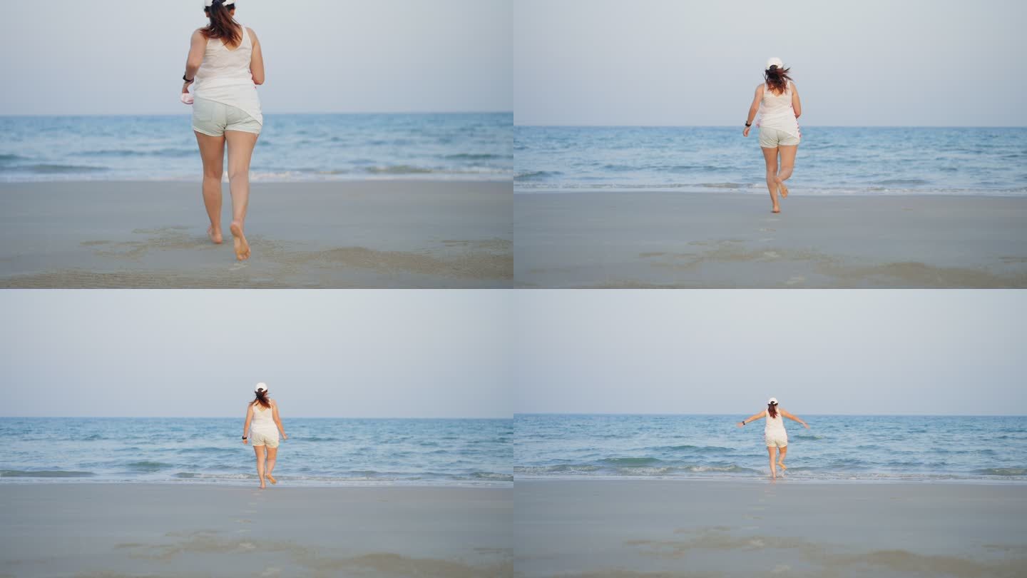 穿着比基尼、白色背心、白色帽子的亚洲年轻大身材女人在日落时分在沙滩上奔跑，在岛上的大海中，抬起手臂，