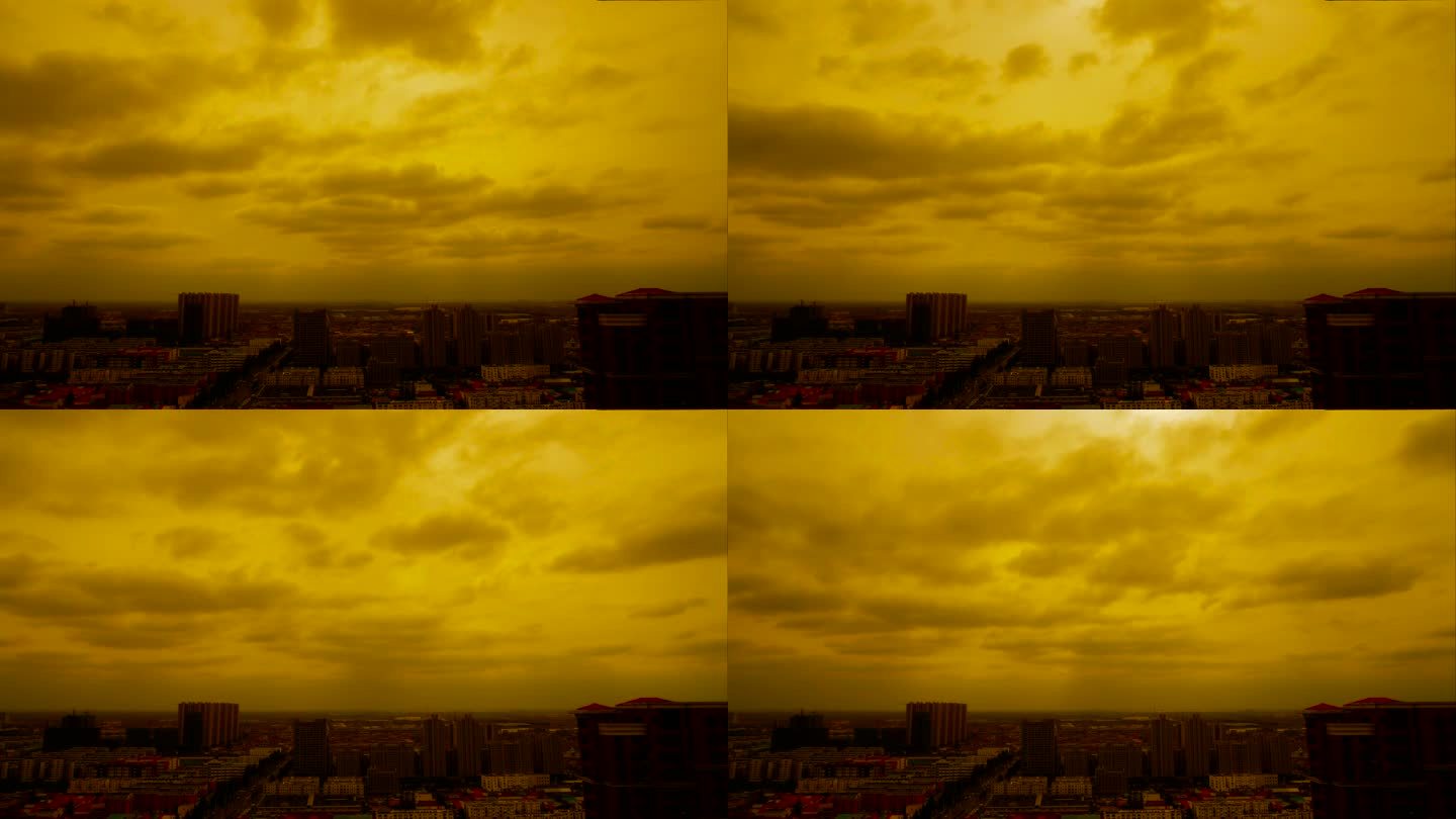 城市上空延时，魔幻仙境云，金色天空