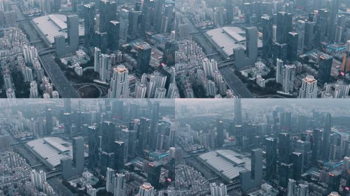 日落时分的深圳市鸟瞰图，广东，中国。