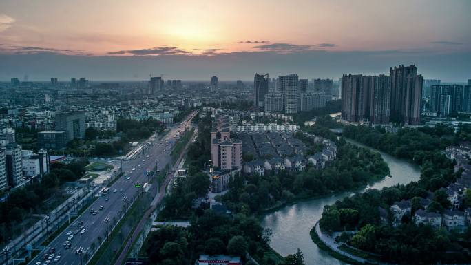 成都夕阳下的温江城区延时素材