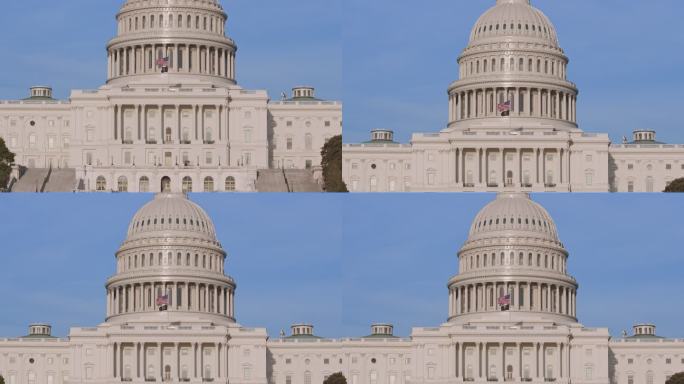 华盛顿特区国会大厦西立面和带有美国国旗的圆顶