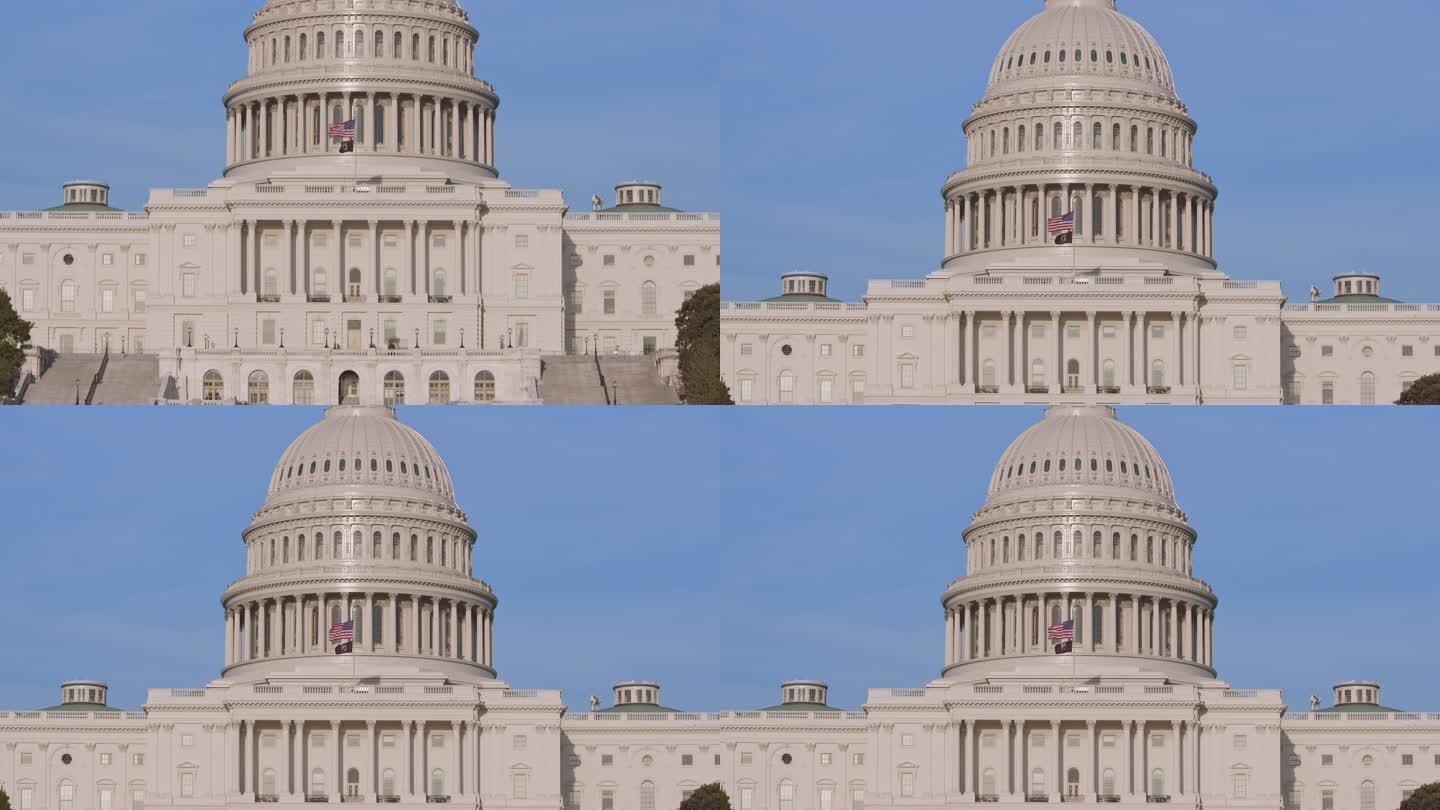 华盛顿特区国会大厦西立面和带有美国国旗的圆顶