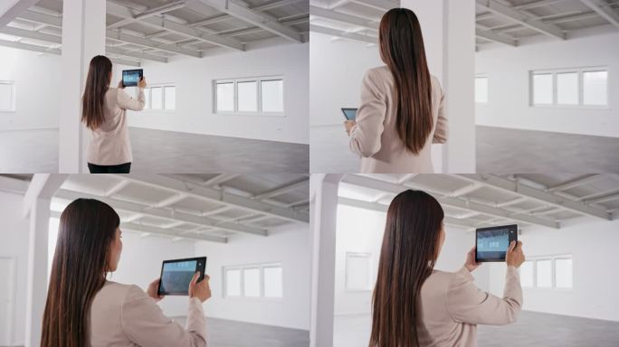 女房地产经纪人使用数字平板电脑拍摄一栋空置的商业大楼的照片