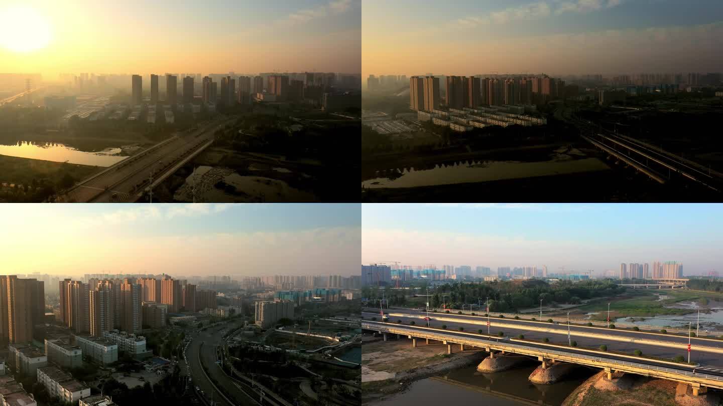 河南十八地市 郑州贾鲁河江山路早晨航拍