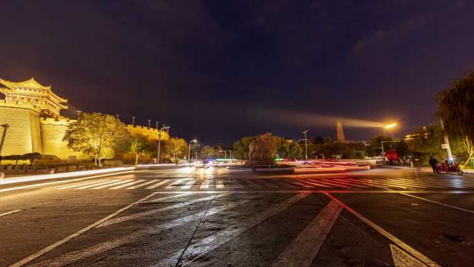 榆林市南门南大街驼城凌霄塔日落夜景延时