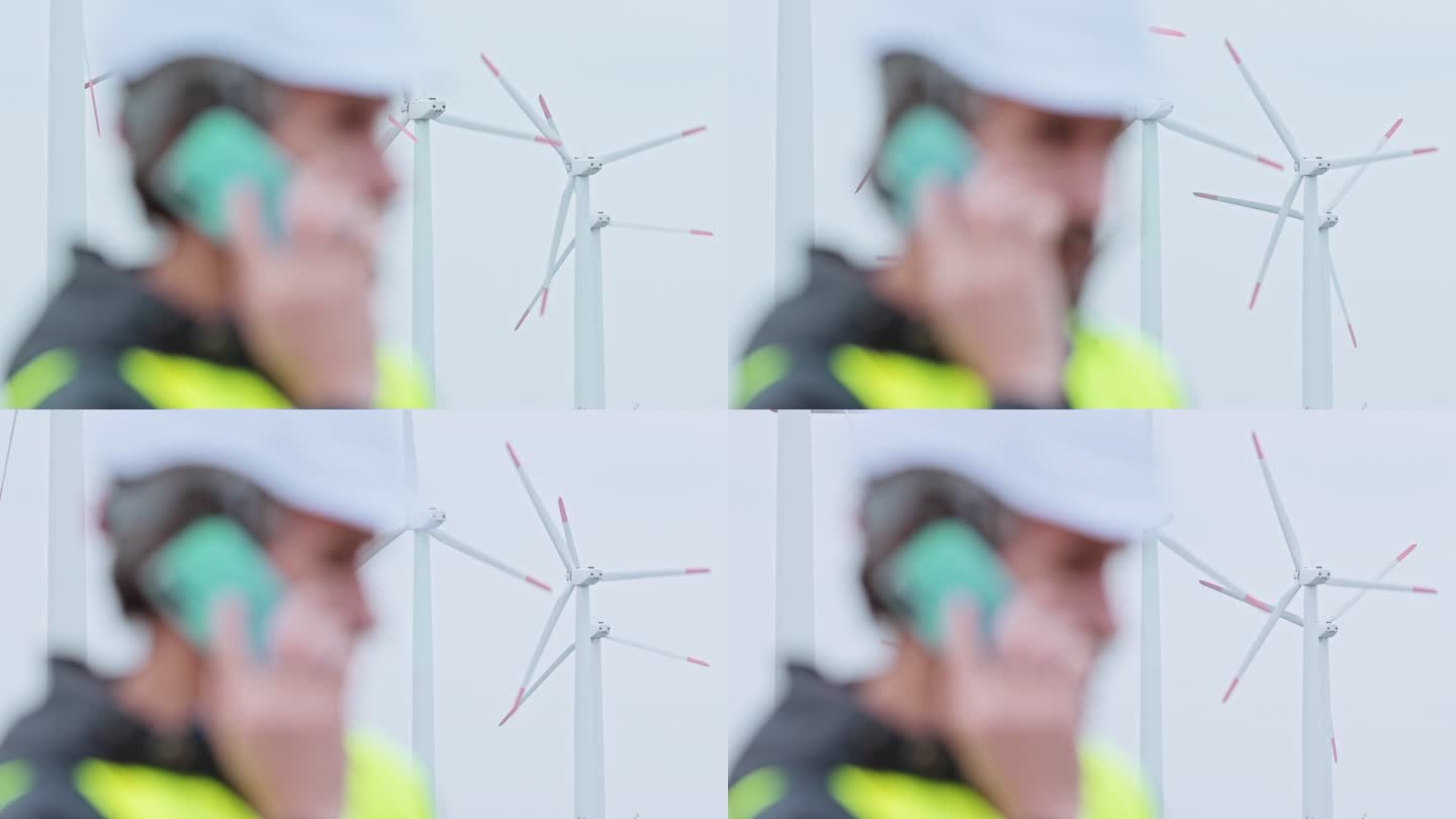 雨天在风力涡轮机农场工作的工程师。可再生能源系统。