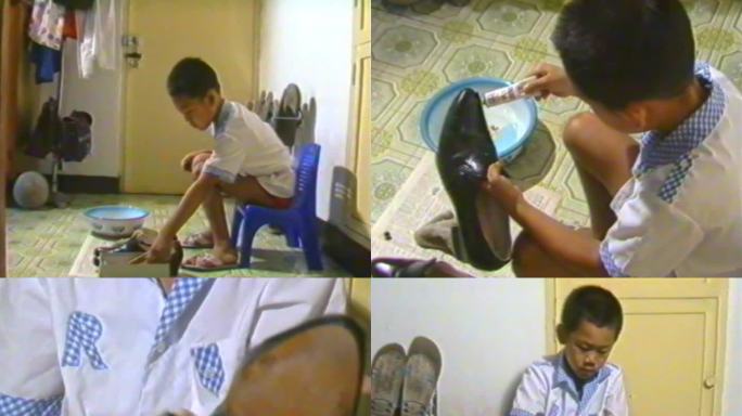 八九十年代擦皮鞋学生劳动