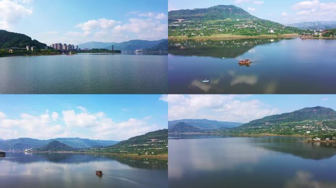 重庆开州汉丰湖航拍清澈湖面小船