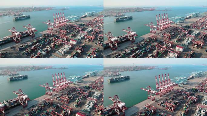 中国青岛的集装箱货船和货物