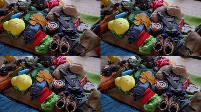 露营和徒步设备准备打包旅行的慢镜头全景