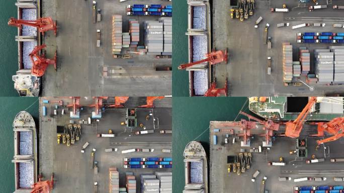 鸟瞰图，工业港口和集装箱船