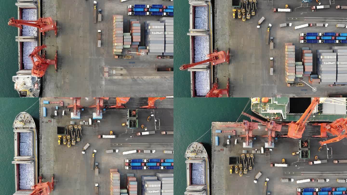 鸟瞰图，工业港口和集装箱船