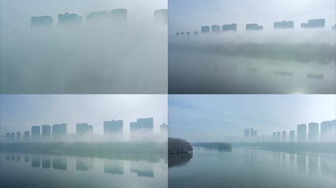 大雾河流和岸边建筑（4K）