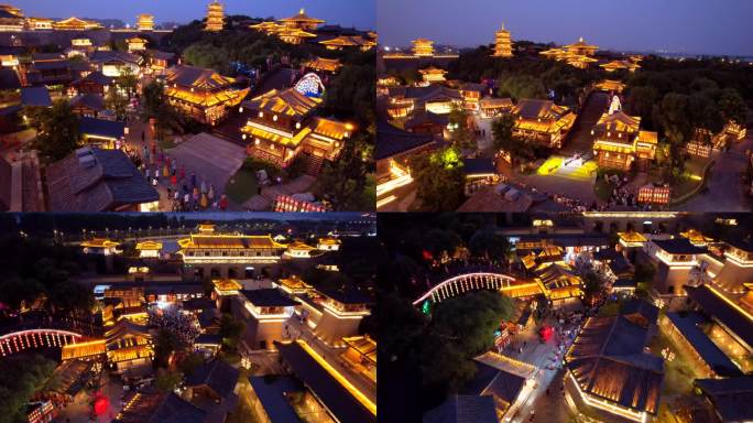 航拍襄阳唐城夜景，中国唐城景区夜景素材