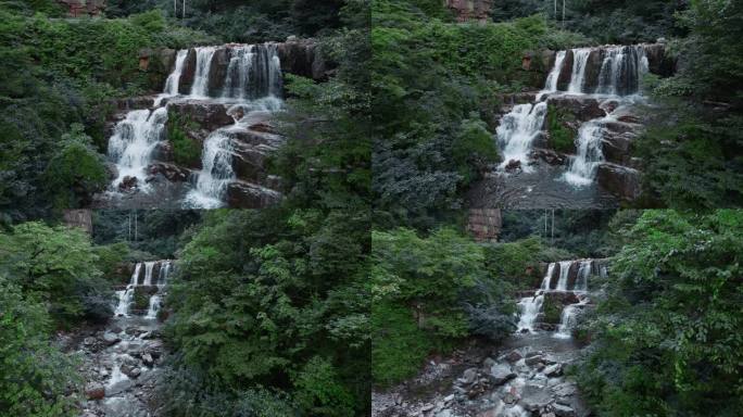 瀑布视频山林间绿色环抱跌水小溪小河森林