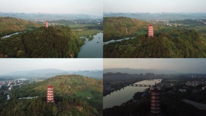 航拍湘江边的古建筑雷公塔