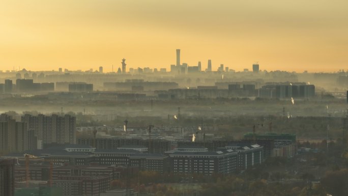 航拍北京早晨的城市楼群