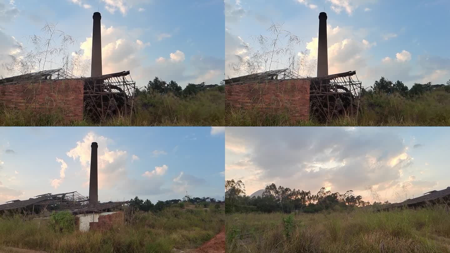 废旧工厂厂区荒废厂房旧烟囱郊外荒废红砖厂