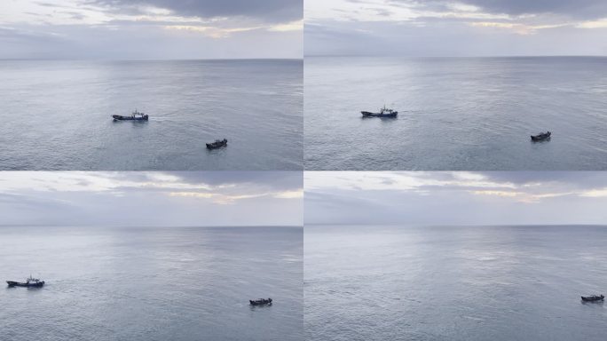 东极岛海面上的渔船 还有云里的夕阳