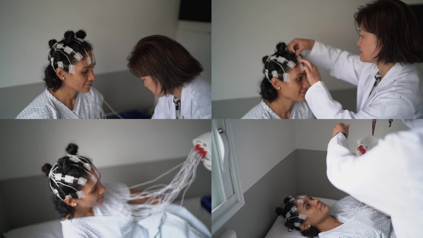 医生在患者头部放置电极进行多导睡眠图（睡眠研究）