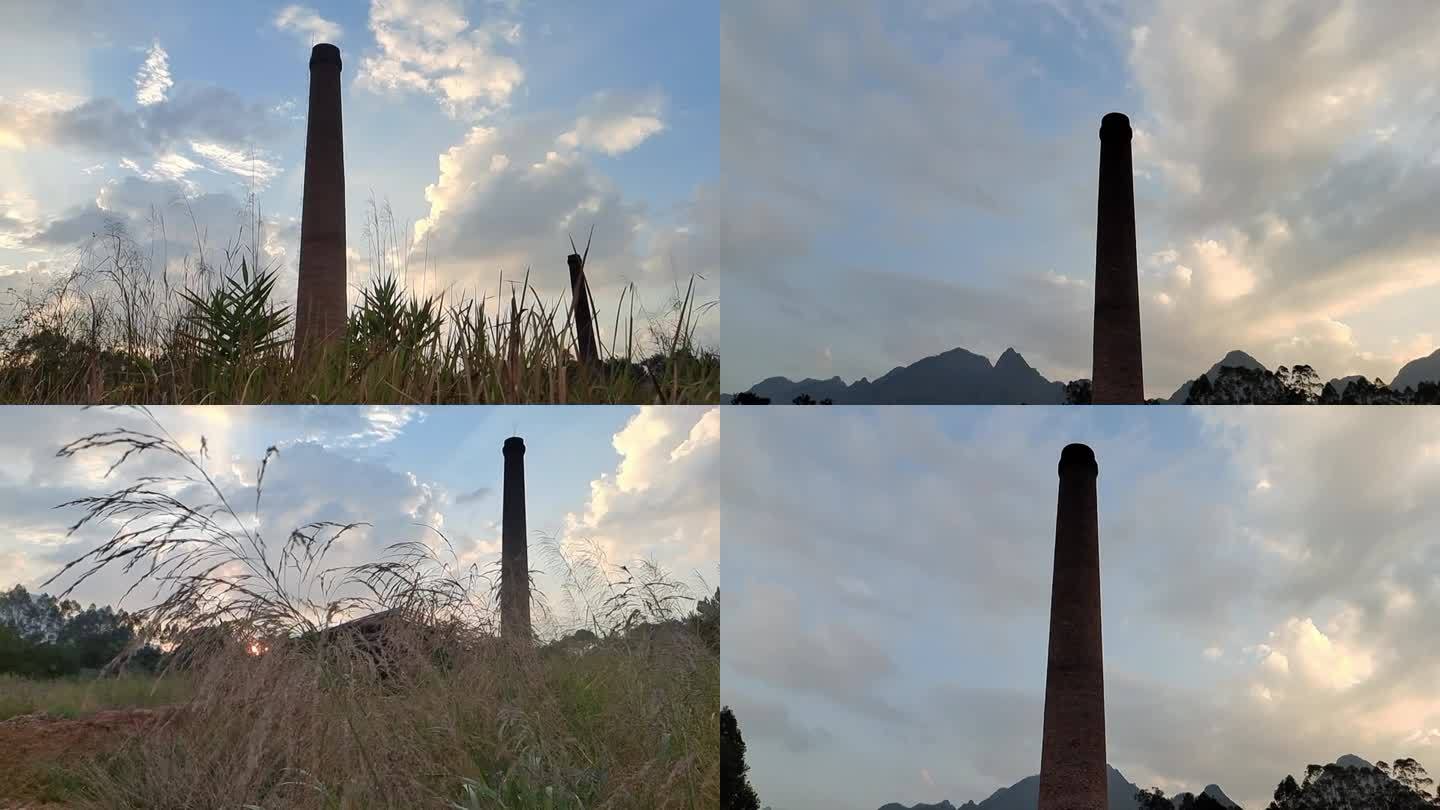 废旧工厂厂区荒废厂房旧烟囱郊外荒废红砖厂