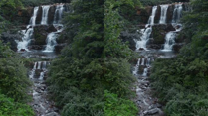 瀑布视频山林间绿色环抱小跌水小溪小河
