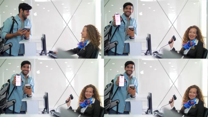 男子旅行者在智能手机上展示飞机电子机票