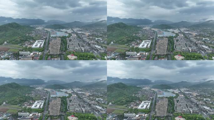 航拍浙江绍兴诸暨次坞集镇早晨云雾实拍素材