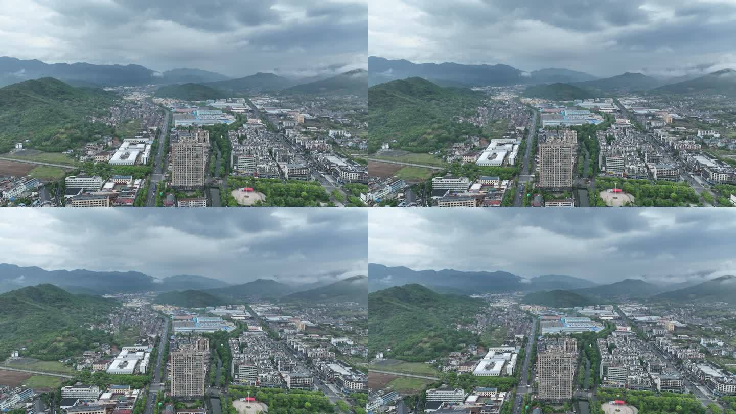 航拍浙江绍兴诸暨次坞集镇早晨云雾实拍素材