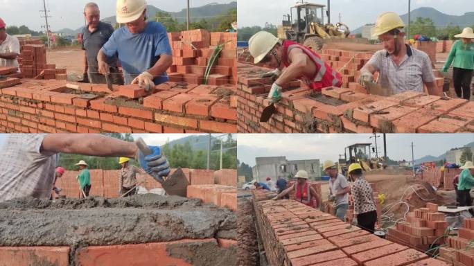 农村建房起屋建房泥水师傅搞拌水泥灰沙砌砖