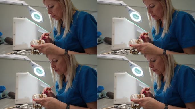 高加索女技师，在牙科实验室制作假牙