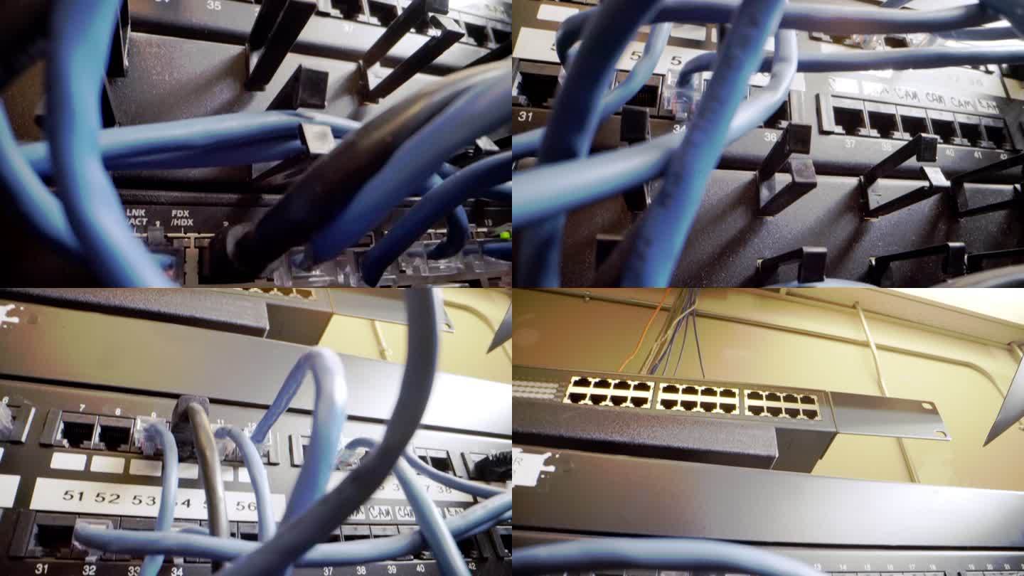 插入闪烁网络交换机的超五类以太网电缆的电缆管理，在IT网络机柜中，后台有杂乱的高速互联网千兆超五类数