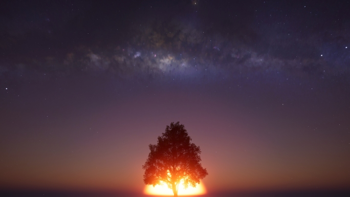 梦幻银河星空希望之树太阳升起迎接新的一天
