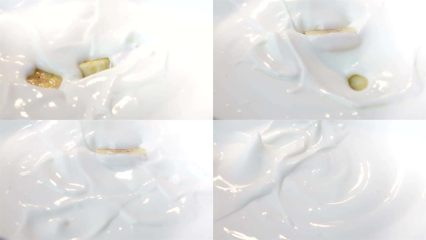 三段香蕉片落入酸奶的视频