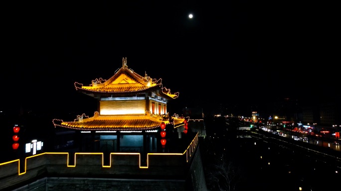 西安南门城墙月亮夜景航拍4k超清