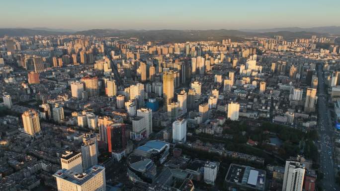 昆明五华区城市建筑群日落航拍