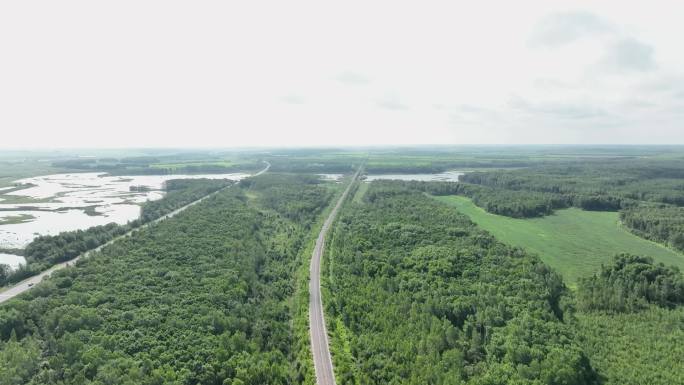 湖泊山脉森林里公路行驶汽车航拍4k