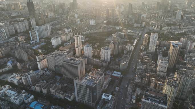 昆明城市建筑群日落航拍