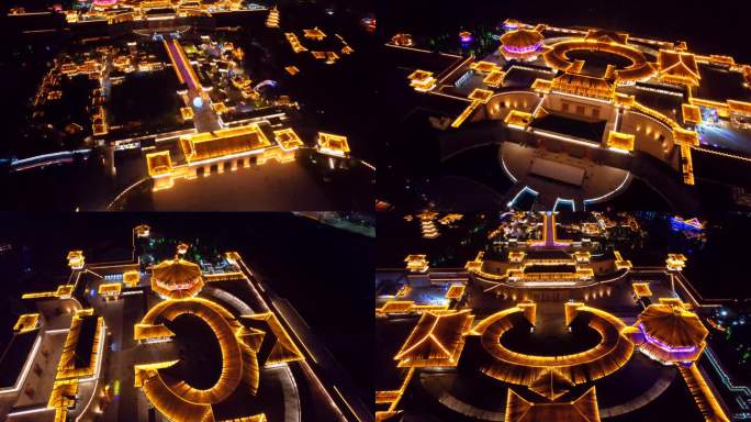 航拍襄阳唐城夜景，中国唐城景区夜景素材