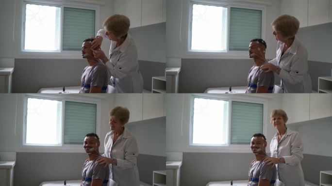 医生在患者头部放置电极进行医学检查的肖像
