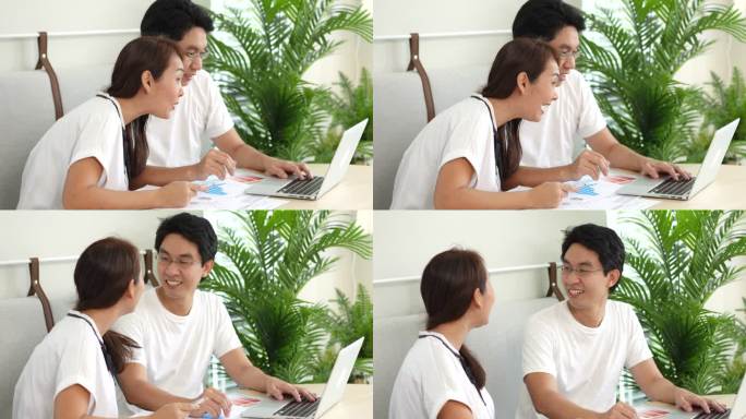 一对成功的亚洲夫妇在家里的笔记本电脑上收到了网上传来的好消息，幸福的丈夫和妻子对金融投资感到高兴。