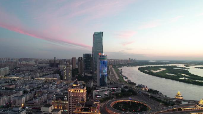 哈尔滨公路大桥城市风光夜景航拍