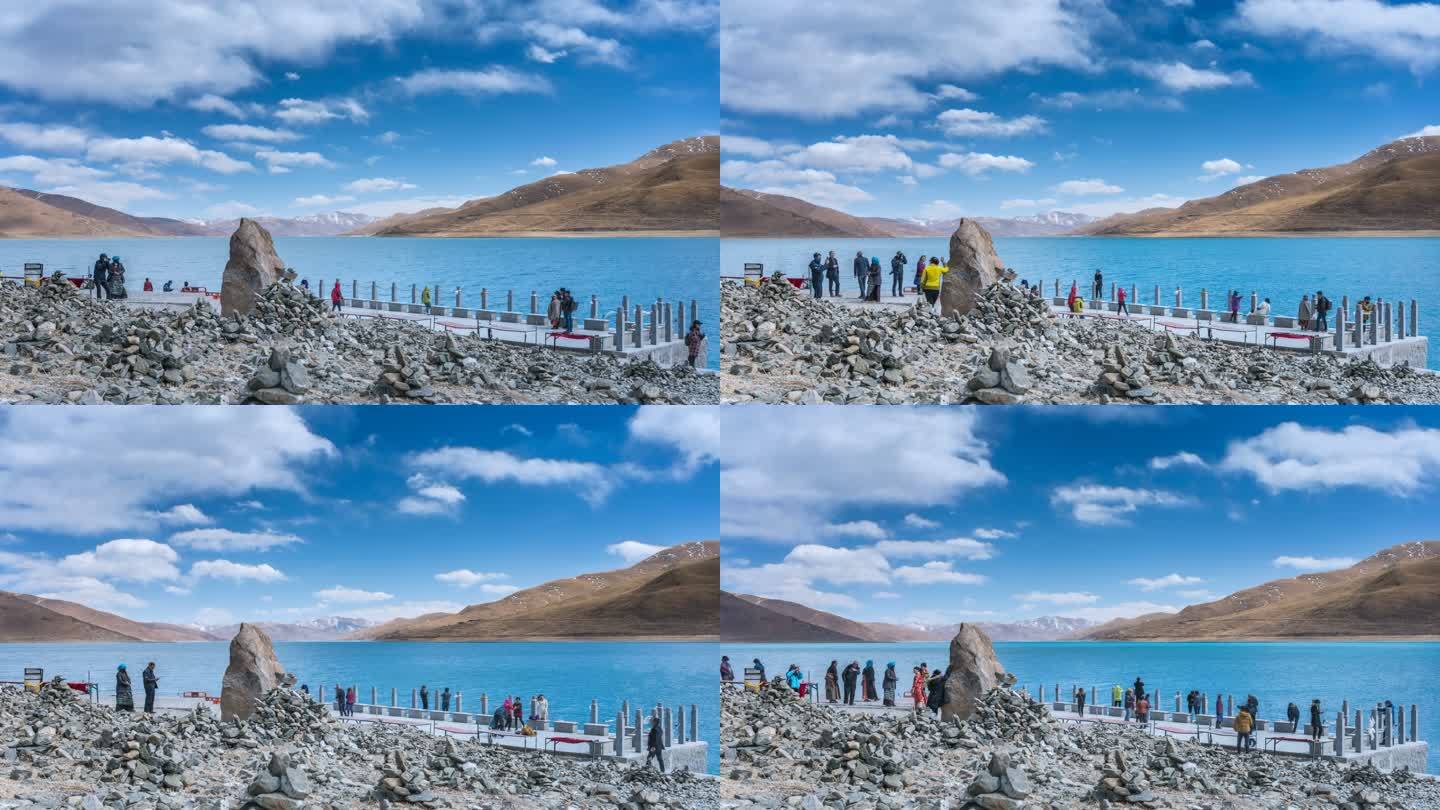 西藏羊卓雍措湖畔及游客延时