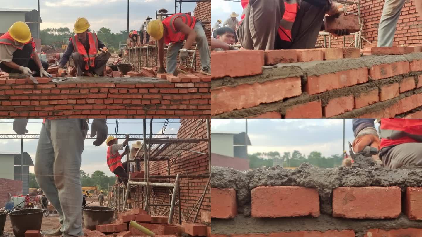 农村建房起屋建房泥水师傅搞拌水泥灰沙砌砖